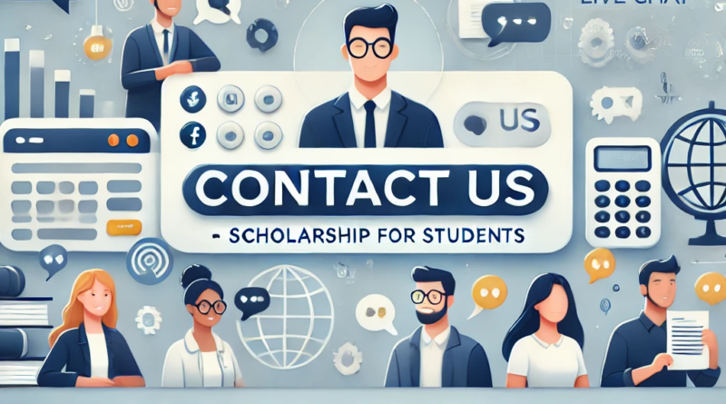 "A vibrant and professional 'Contact Us' banner for the Scholarship for Students website, featuring communication icons such as email, phone, live chat, and social media.